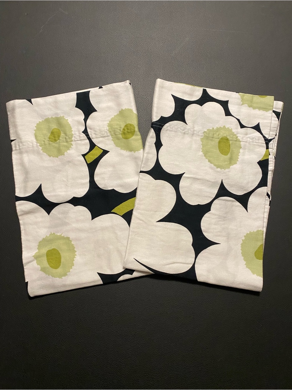 Pair of Marimekko Unikko Floral Pillow Cases - White, Black and Olive Green